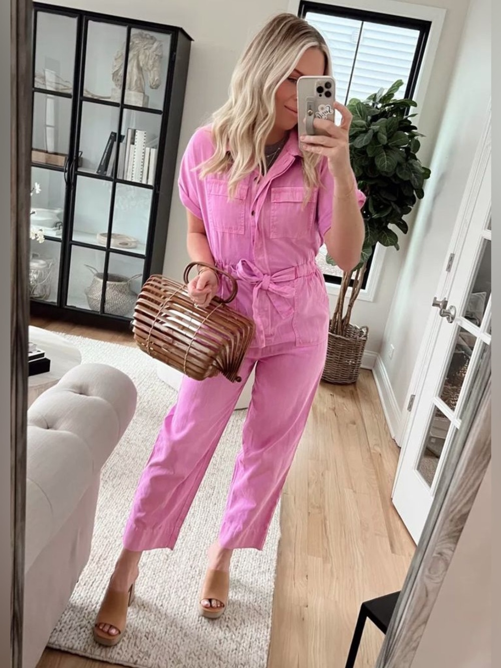 Universal Thread Bright Pink Short-Sleeve Utility Jumpsuit with Tie Waist